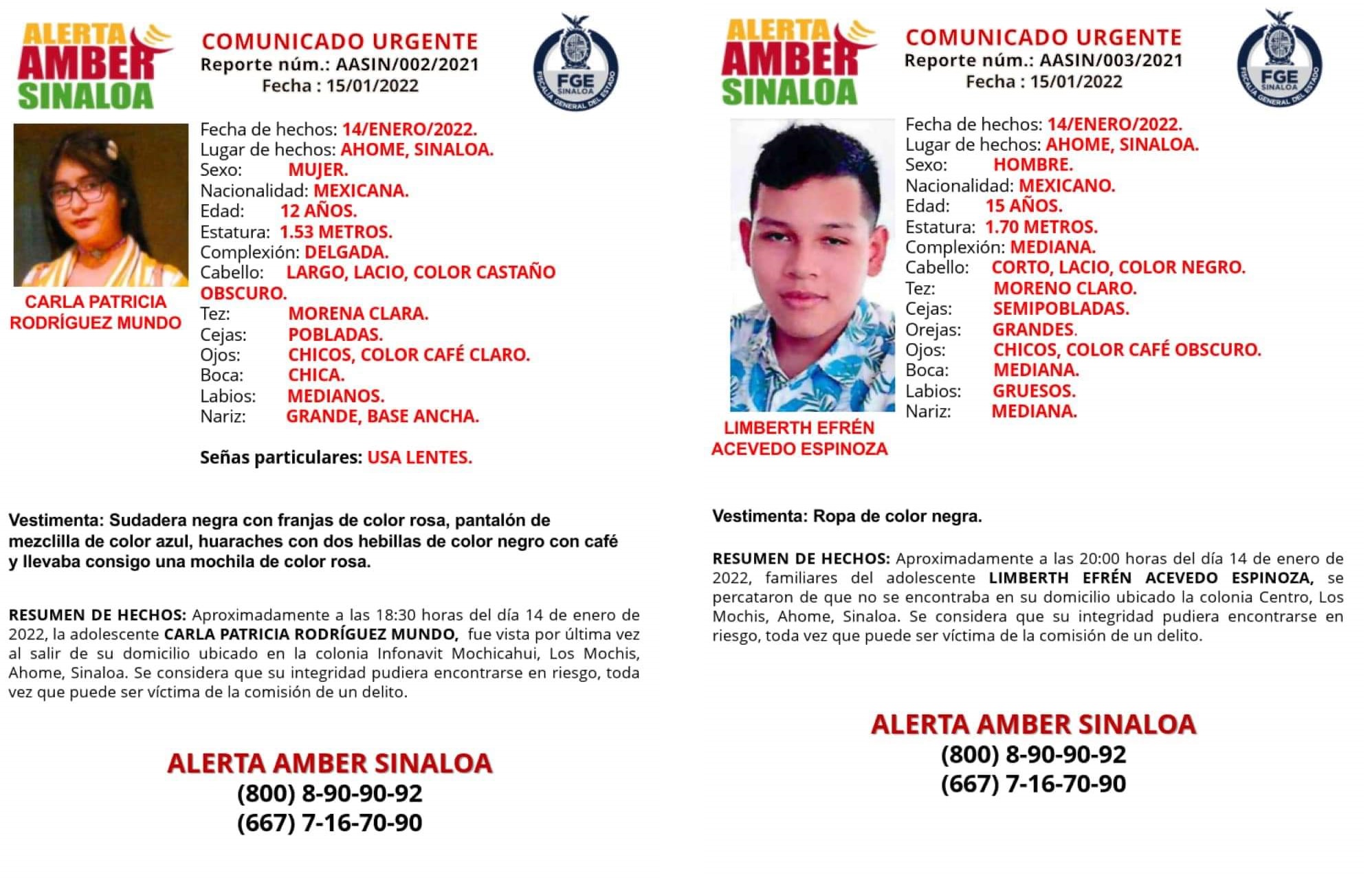 Piden ayuda para localizar a Limberth Efrén y Carla Patricia, ambos desaparecidos en Ahome