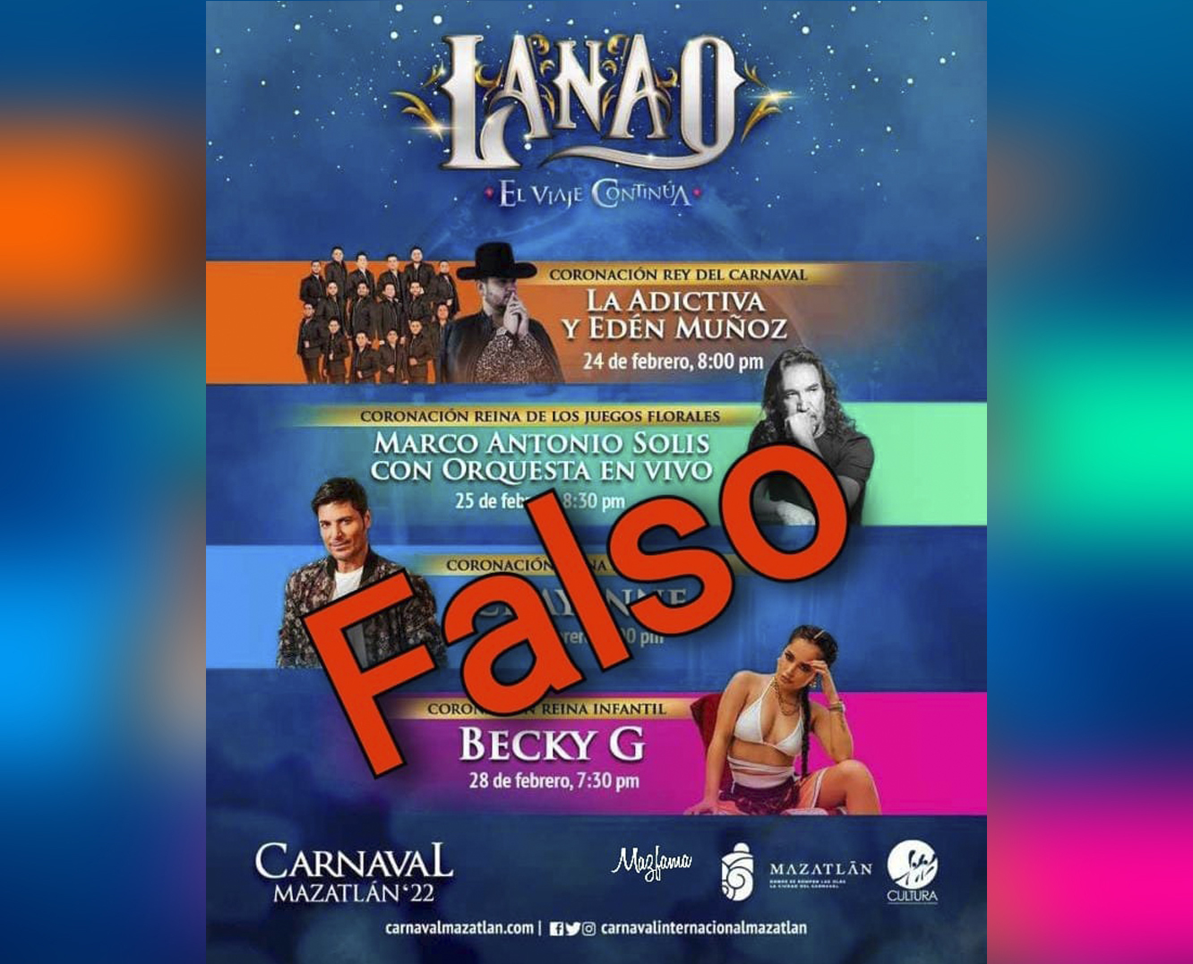 Filtran supuesto elenco artístico del Carnaval de Mazatlán 2022 ‘Lanao, El Viaje Continúa’, Instituto de Cultura aclara que es Fake News