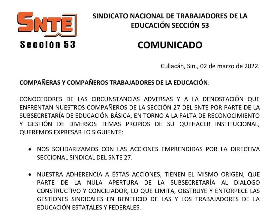Se solidariza SNTE 53 con la 27; de no atender peticiones llaman a emprender acciones