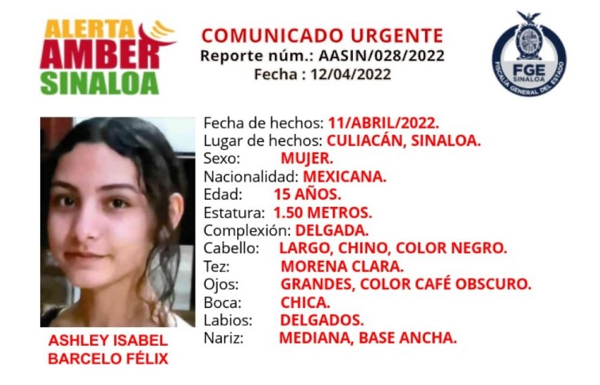 Alerta Amber: Desaparece Ashley Isabel de 15 años de edad, en Culiacán