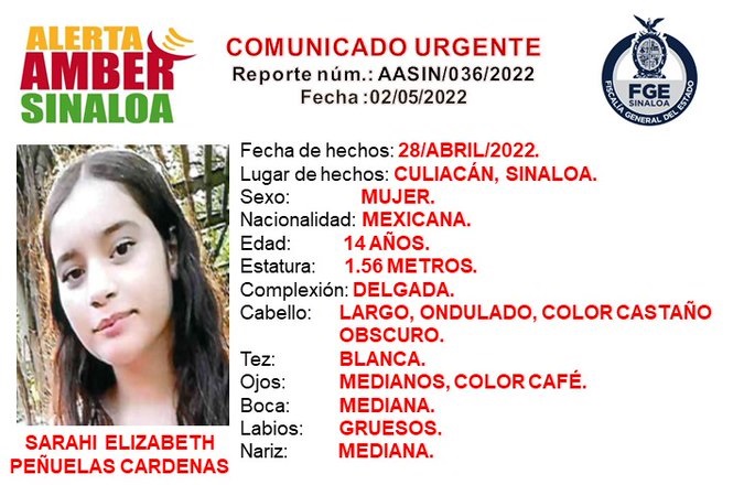 Activan Alerta Amber en búsqueda de Sarahí Peñuelas de 14 años, desaparecida en Culiacán