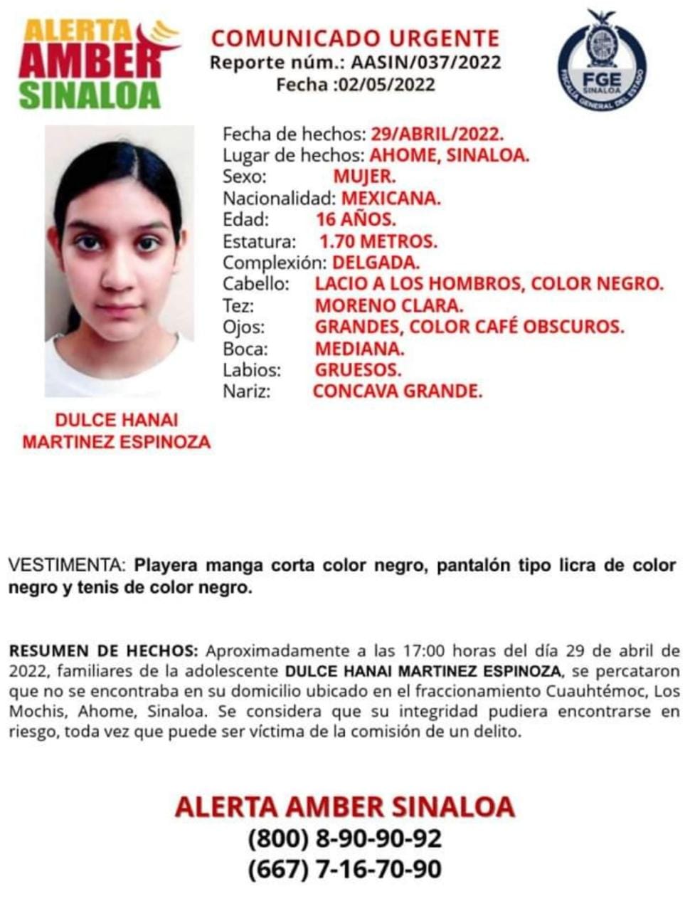 Activan la alerta Ámber para localizar a Dulce Hanaí, desaparecida en Los Mochis