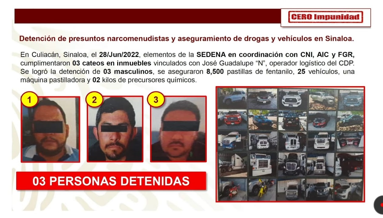 Capturan a 3 sujetos ligados al Cártel del Pacífico, con miles de pastillas de fentanilo en Sinaloa: SSPC