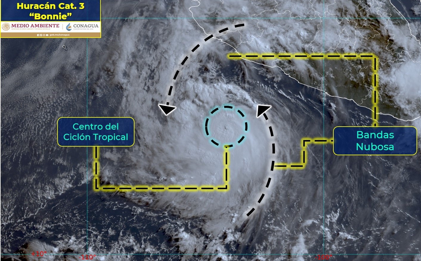Hurácan ‘Bonnie’ se fortalece a categoría 3; en estos estados se prevén fuertes lluvias y rachas de viento