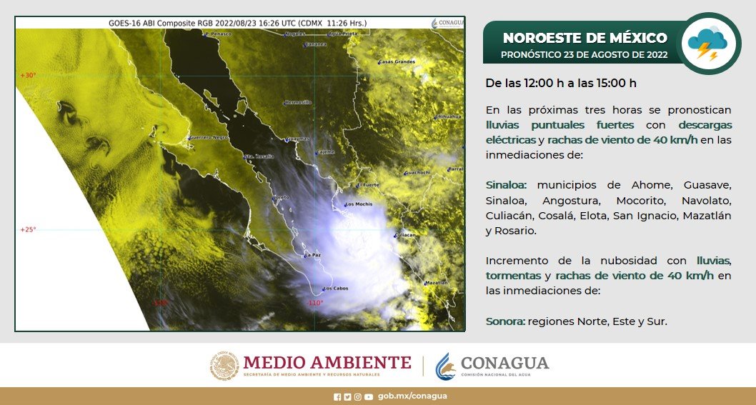 Atención: Se pronostican lluvias muy fuertes con descargas eléctricas para HOY en estos 12 municipios de Sinaloa