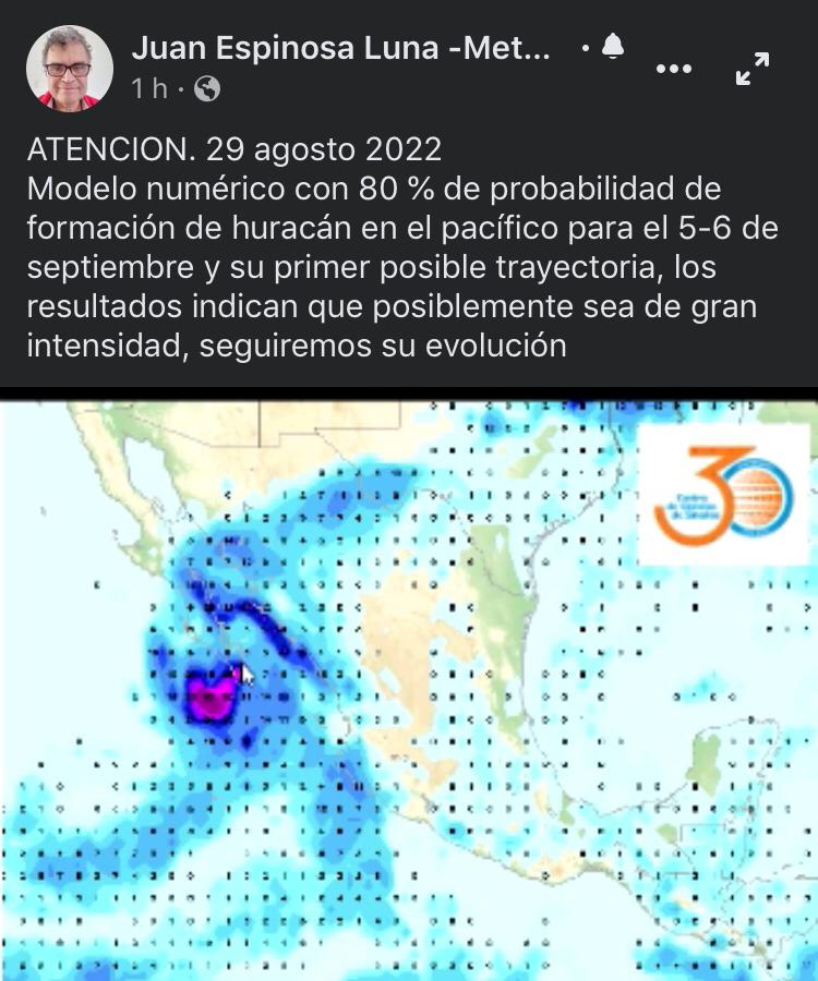 Estima Juan Espinosa un 80 por ciento de probabilidad para la formación de un huracán entre los días 5 y 7 de septiembre
