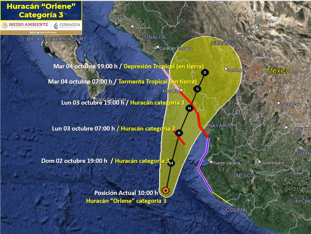 ‘Orlene’ baja su intensidad y es huracán categoría 3; se ubica frente a las costas de Jalisco&nbsp;