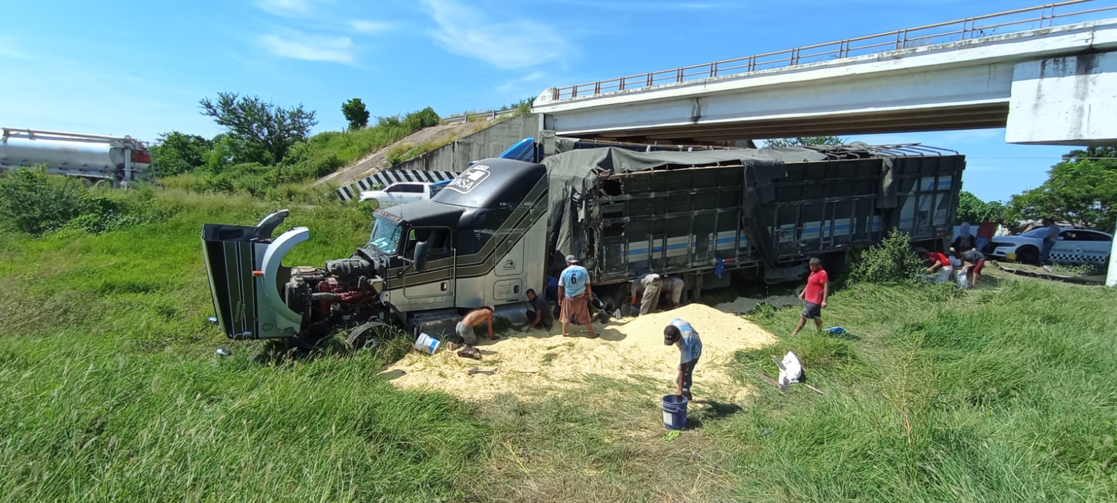 Se vuelca tractocamión lleno de maíz en la Mazatlán-Culiacán