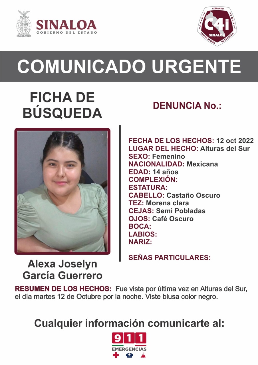 Desaparece Alexa Joselyn, de 14 años; fue vista por última vez en Alturas del Sur, en Culiacán