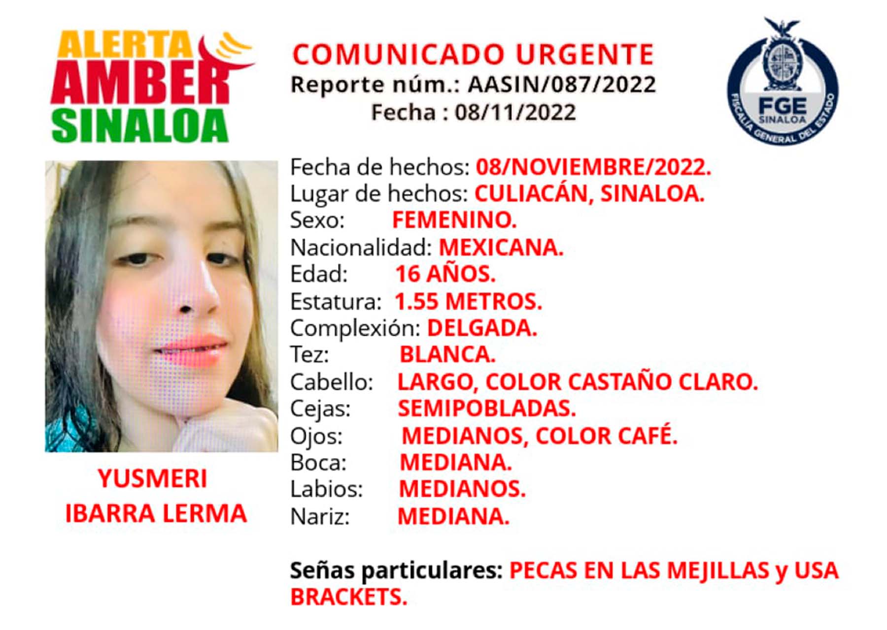 Activan Alerta Amber para localizar a Yusmeri de 16 años, en Culiacán