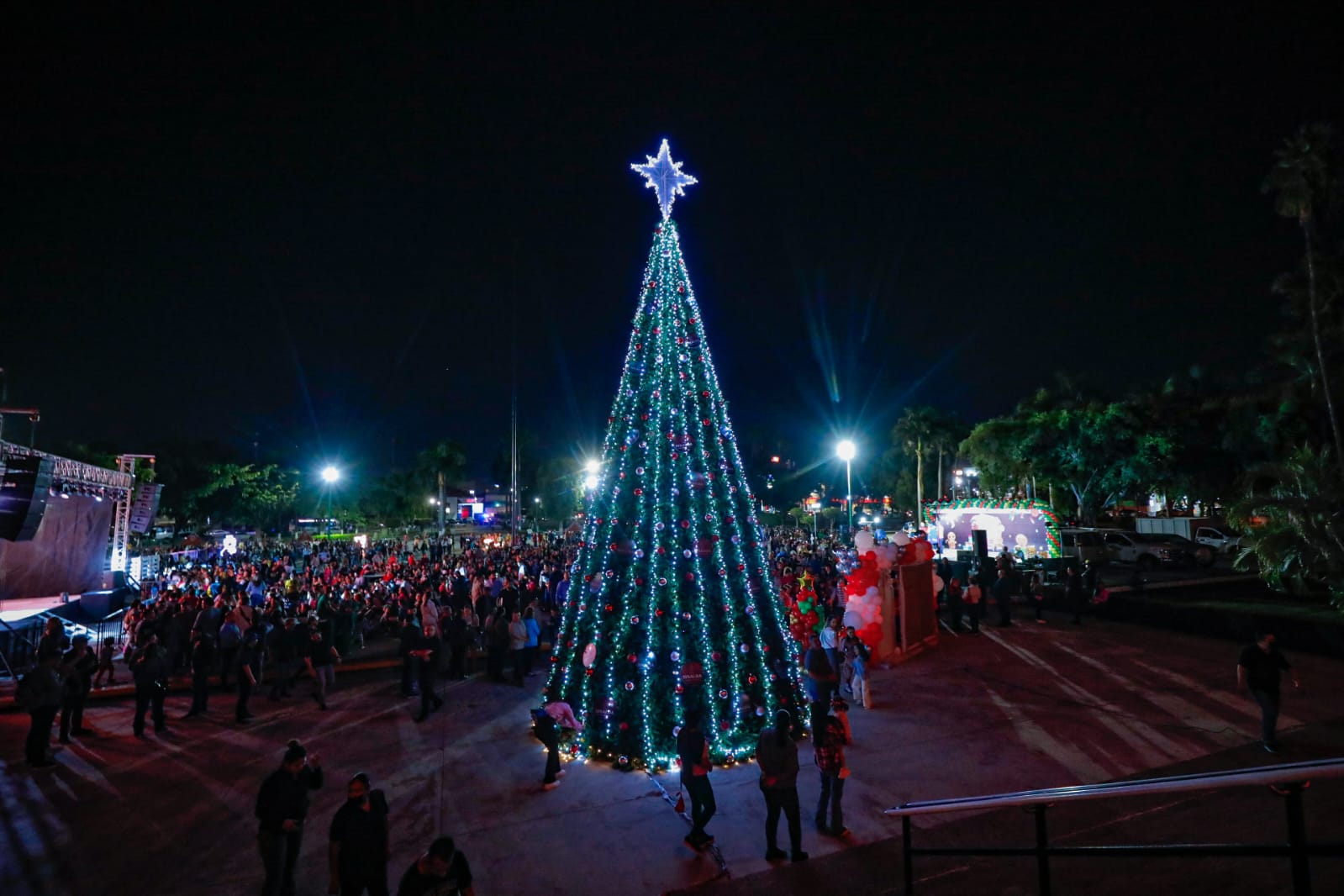 Iluminan pino navideño en la explanada del Palacio de Gobierno