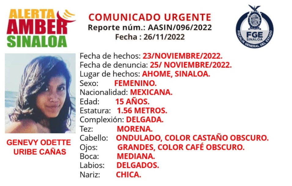 Activan alerta Amber en busca de Genevy Odette, en Los Mochis; tiene 15 años de edad