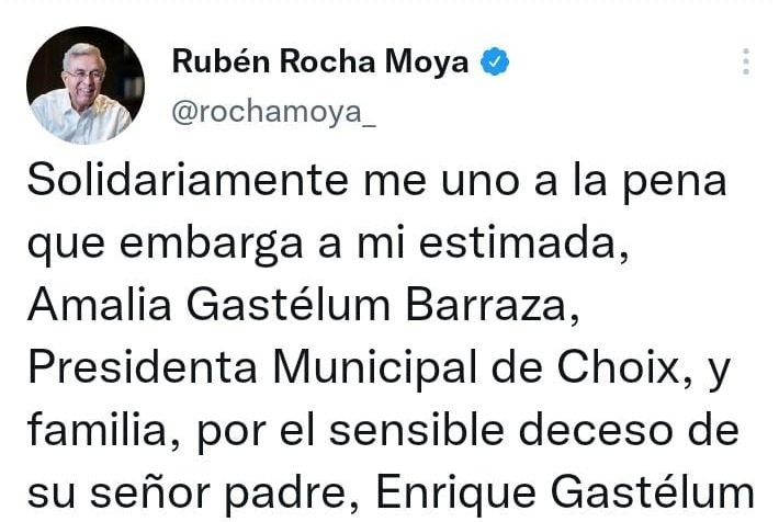Se solidariza Rocha Moya con la presidenta de Choix por el fallecimiento de su padre