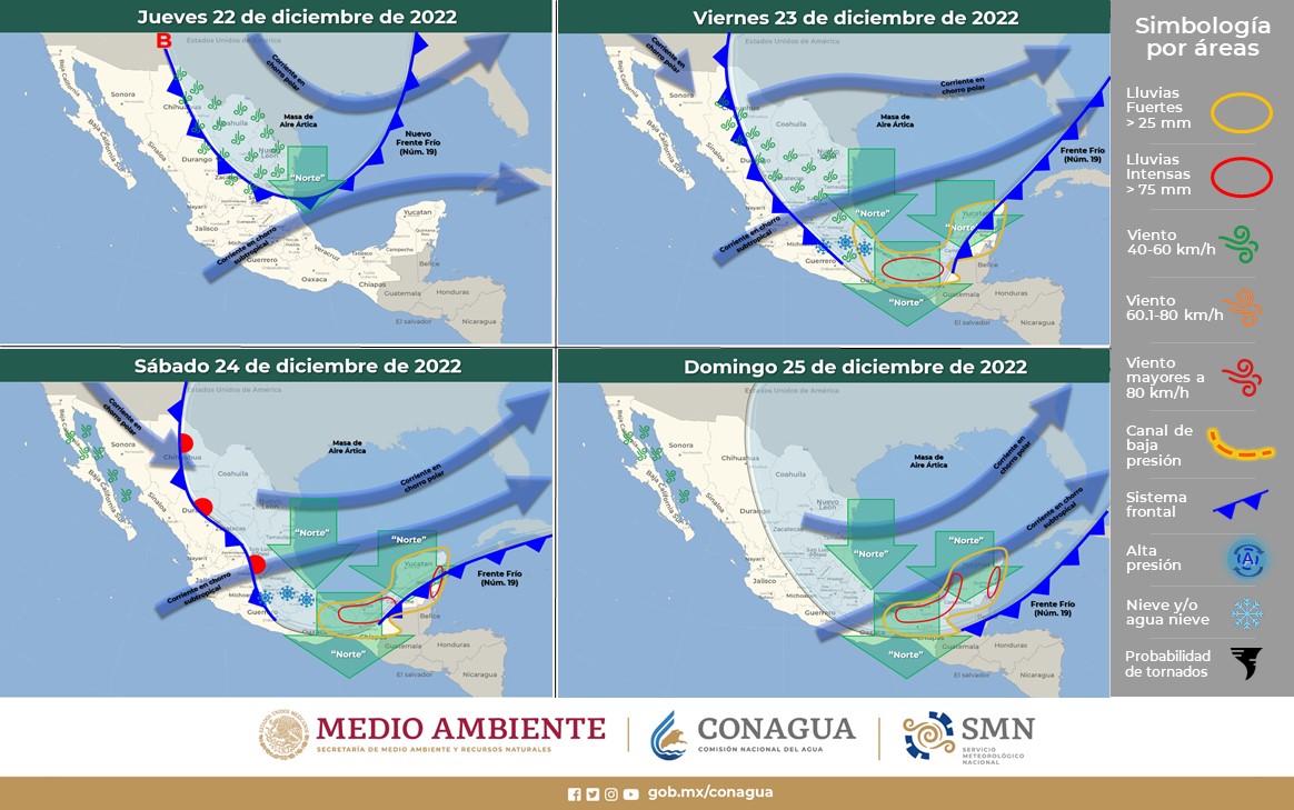 El frente frío No 19 ingresa esta noche al país, aunque se espera se dirija sobre todo a la zona noreste