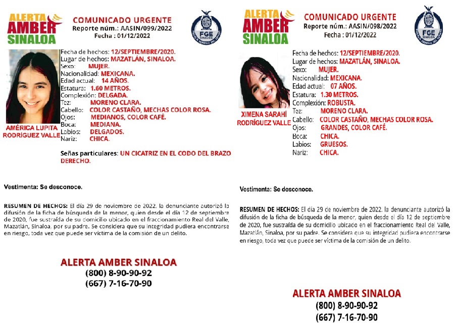 En Mazatlán activan Alerta Amber para localizar a las hermanas Ximena y América de 7 y 14 años de edad
