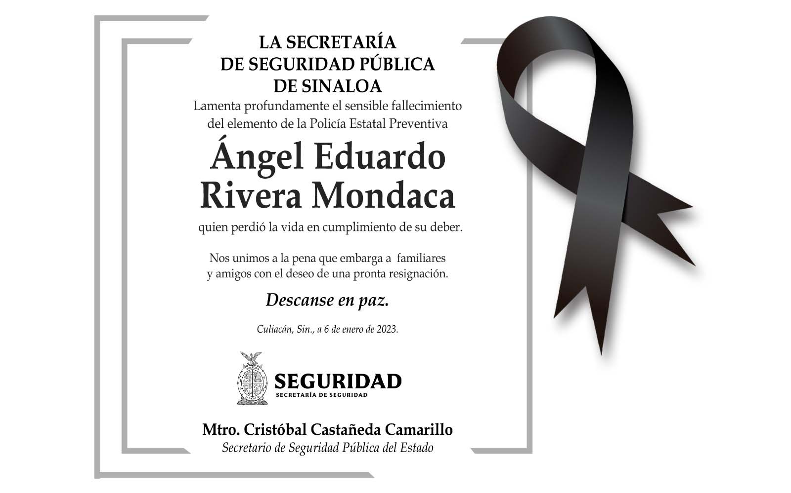 Lamenta SSPE deceso de Ángel Eduardo Rivera, agente Estatal que perdió la vida en cumplimiento de su deber