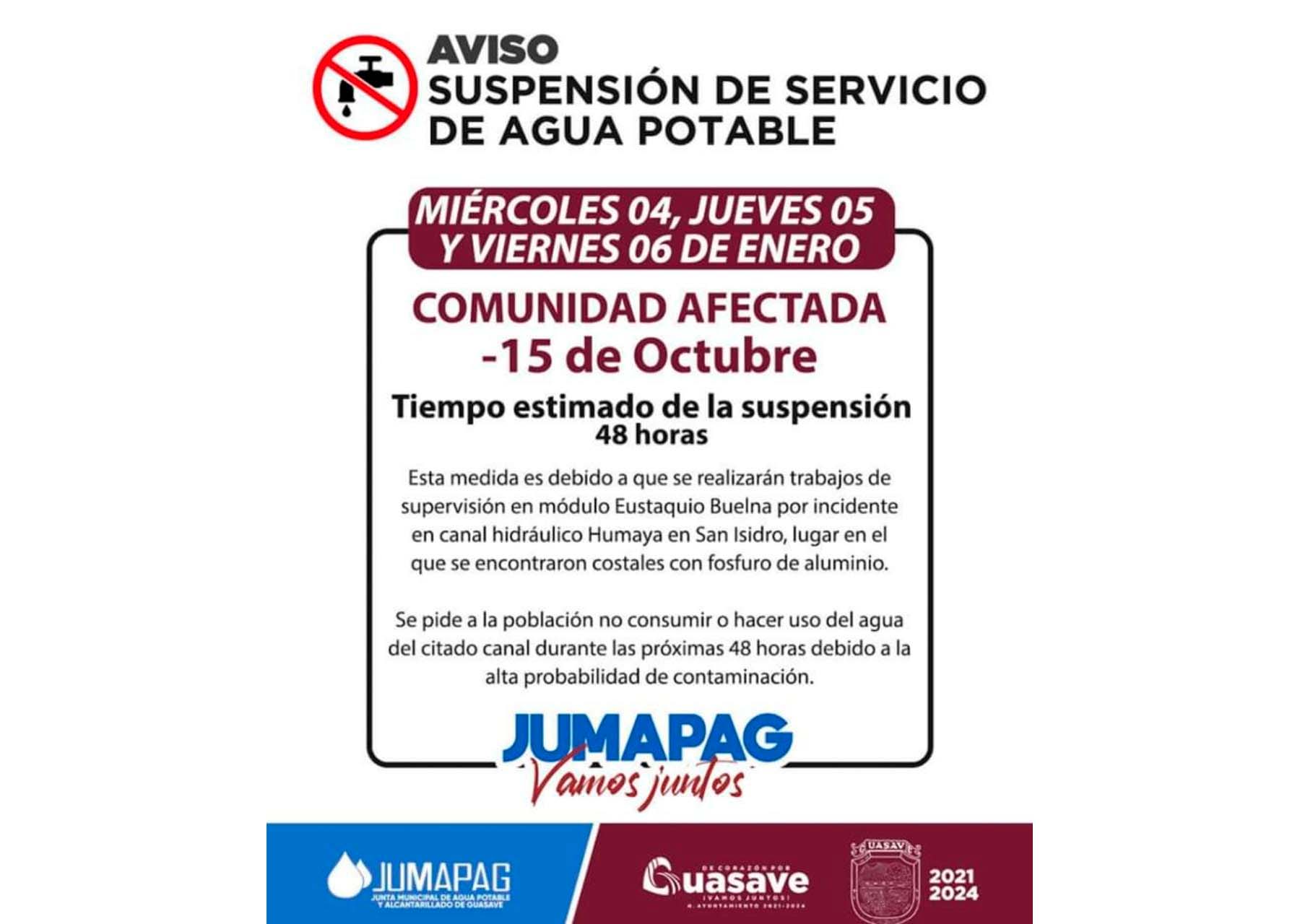 También en Guasave; por alerta de fósforo en canal Humaya suspenden servicio de agua en la comunidad 15 de Octubre