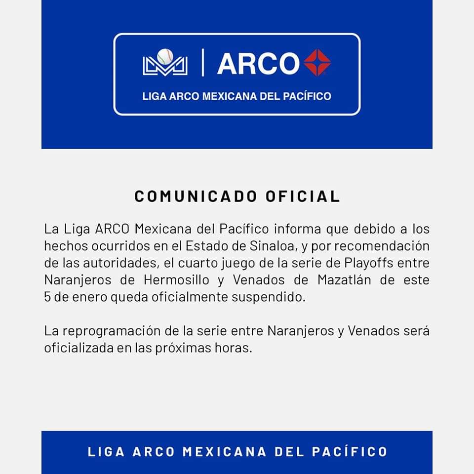 También suspenden juego entre Venados vs Naranjeros en la LMP