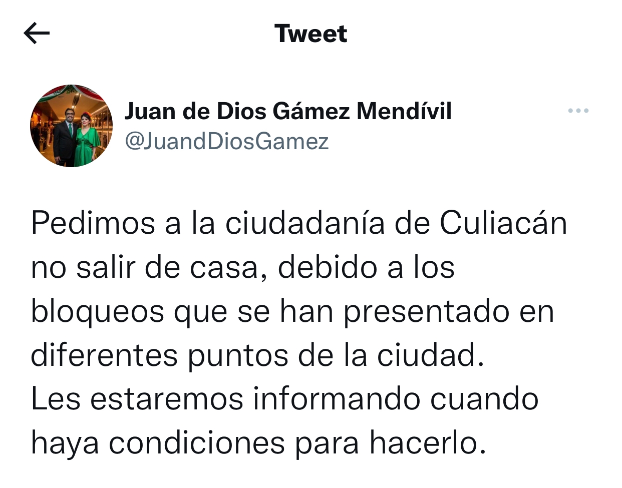 Alcalde de Culiacán hace llamado a permanecer en casa ante bloqueos