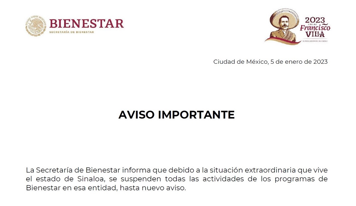 Suspende Bienestar todas las actividades de sus programas en Sinaloa debido a inseguridad tras captura de Ovidio Guzmán