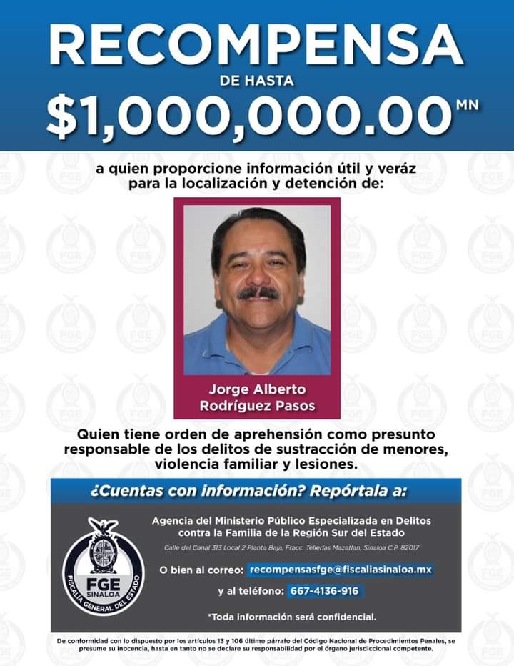 Ofrece Fiscalía de Sinaloa un millón de pesos de recompensa por exalcalde de Mazatlán que robó a sus hijas