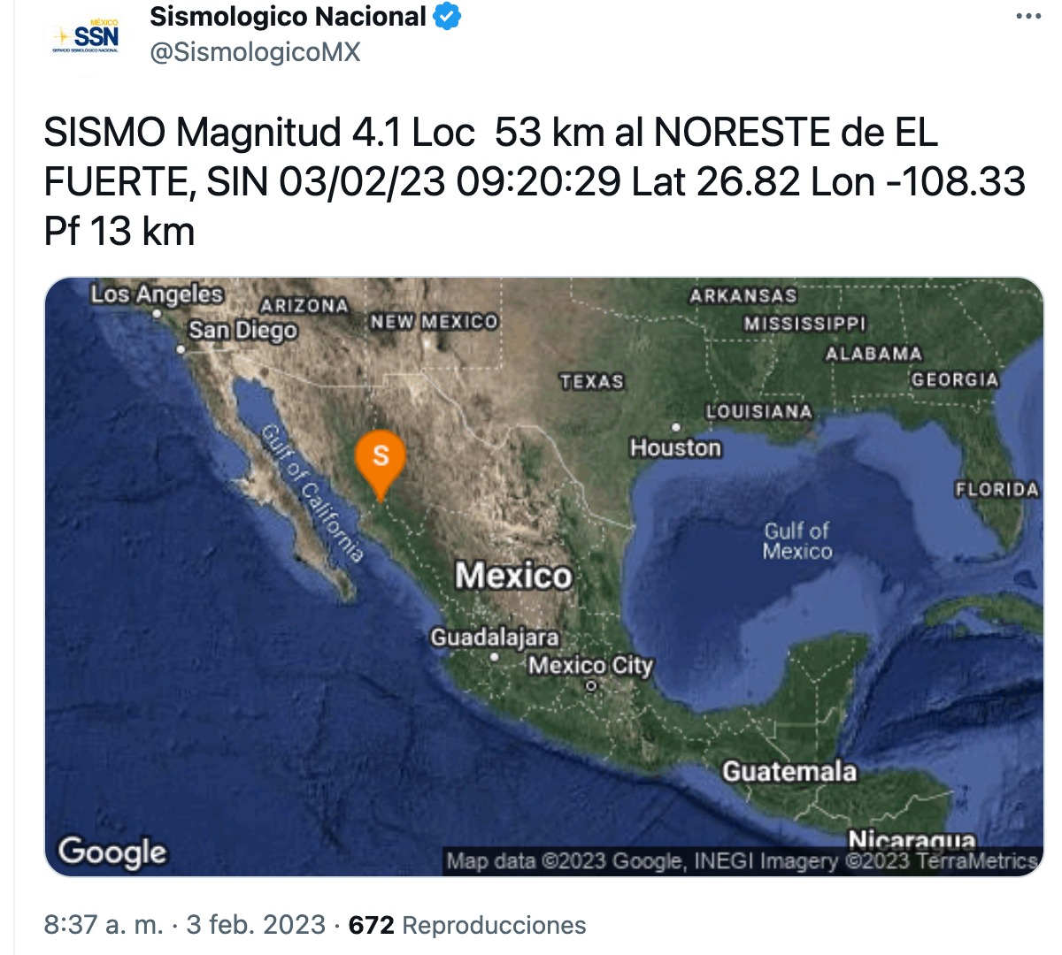 Tiembla en Sinaloa; sismo de 4.1 de magnitud se logra sentir en El Fuerte y Choix
