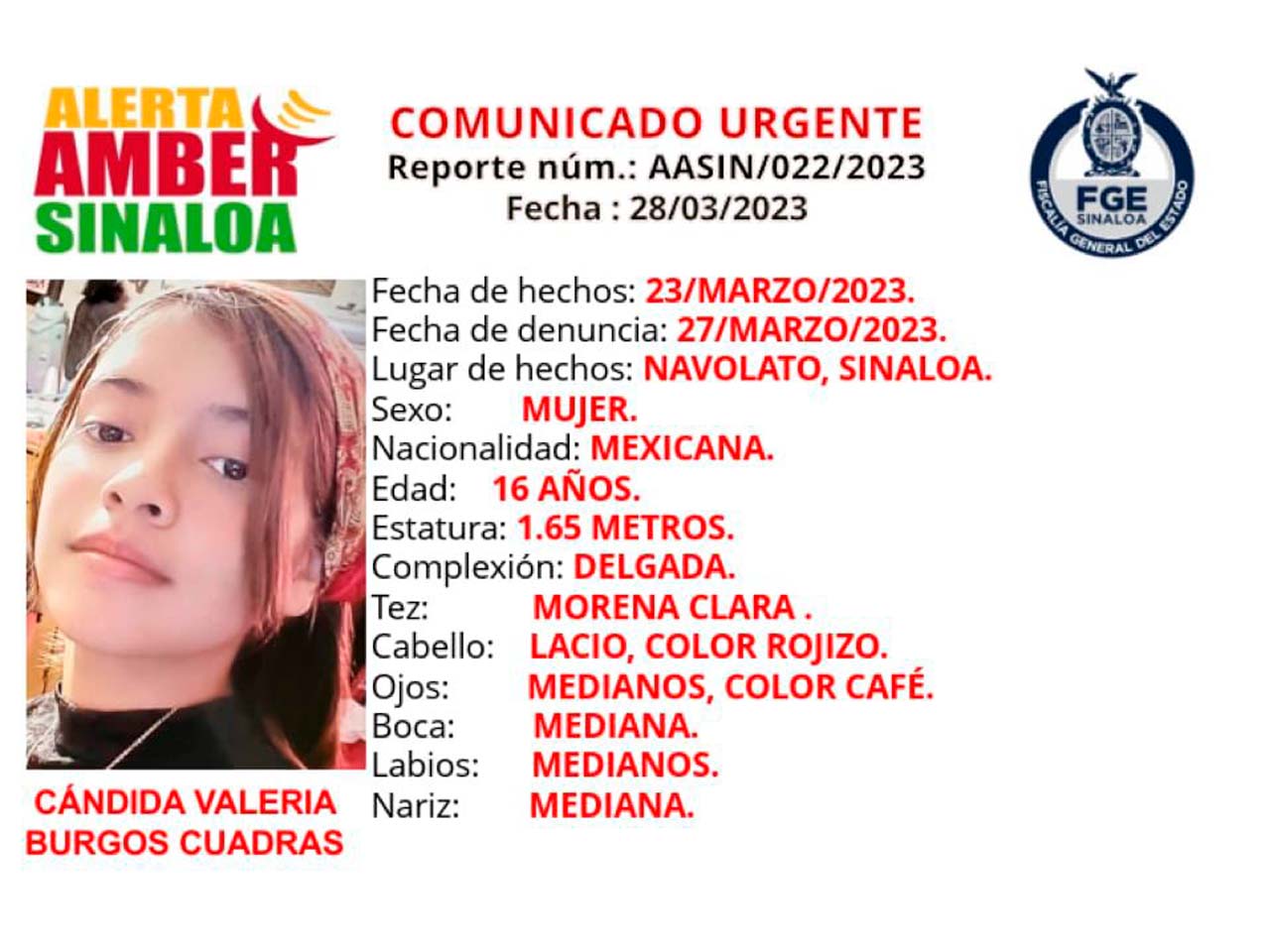Activa Fiscalía Alerta Amber para localizar a Cándida Valeria, extraviada en comunidad de Navolato