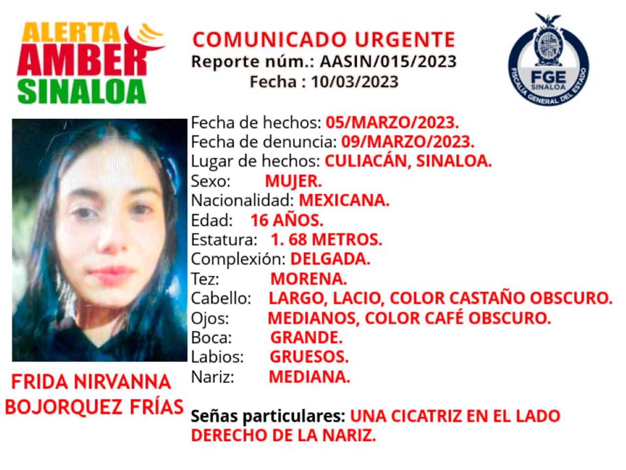 Activan Alerta Amber para localizar Frida Nirvanna Bojórquez extraviada en Culiacán