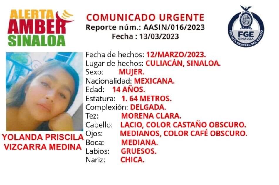 Se activa alerta Ámber para localizar a Yolanda Vizcarra, adolescente extraviada en Culiacán