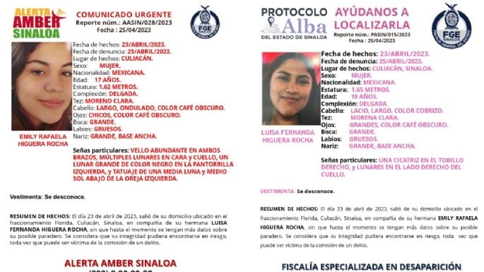Jóvenes hermanas Luisa Fernanda y Emily Rafaela, son reportadas desaparecidas en Culiacán