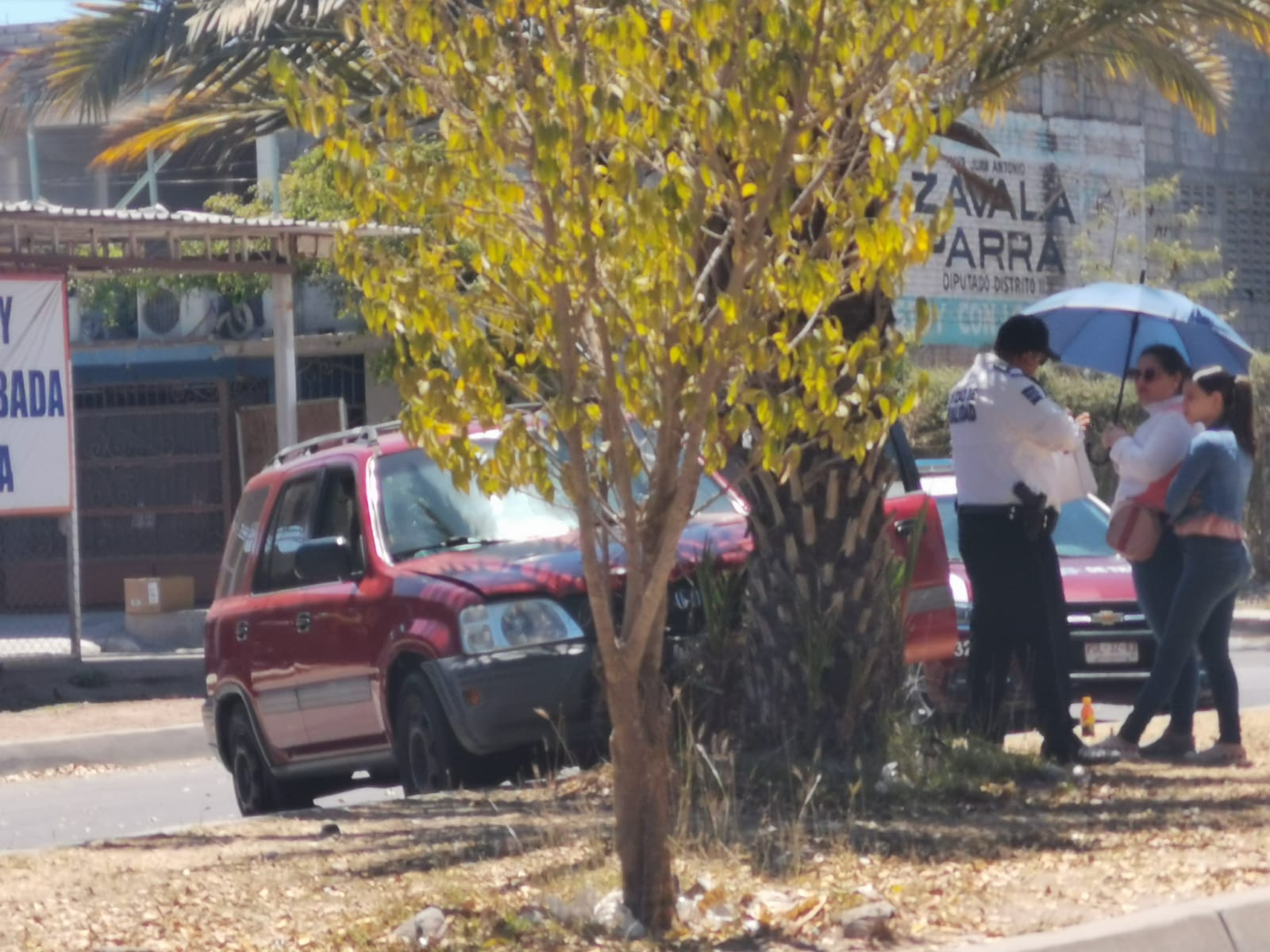 Mujer adulta le ‘truena’ llanta de su automóvil y se impacta contra palmera en Los Mochis