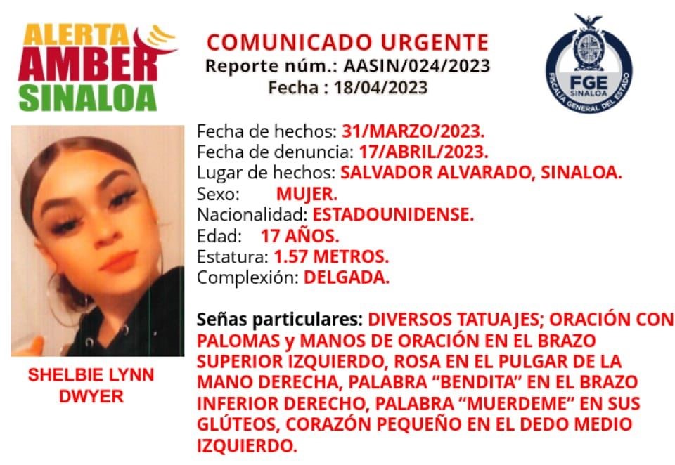 Emiten Alerta Amber por desaparición de jovencita estadounidense en Guamúchil