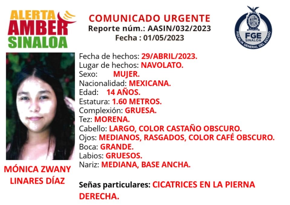 Activan Alerta Amber para localizar a Mónica, de 14 años, desaparecida en Navolato