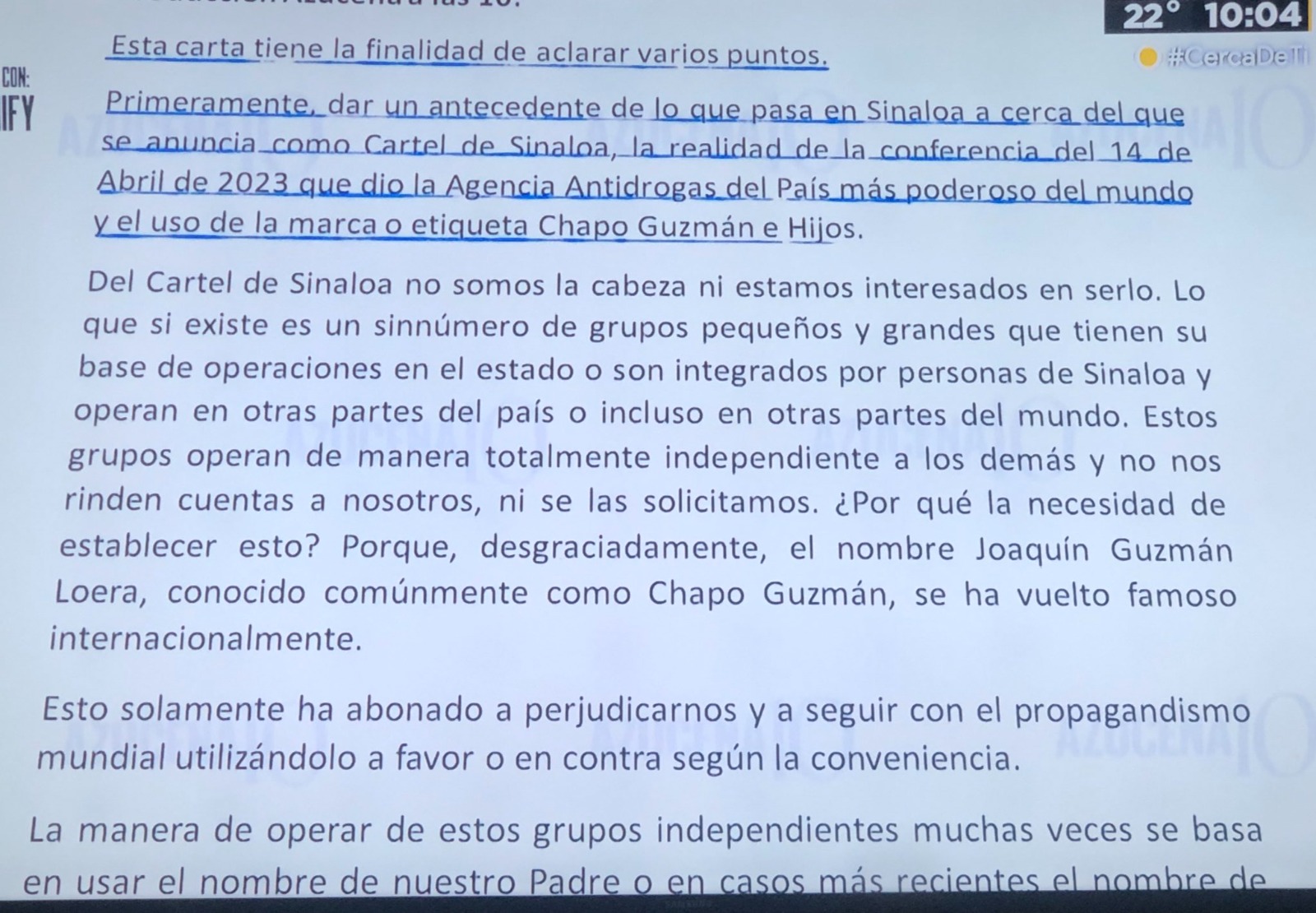 ‘Chapitos’ niegan ser líderes del Cártel de Sinaloa y se deslindan del tráfico de fentanilo, mediante carta