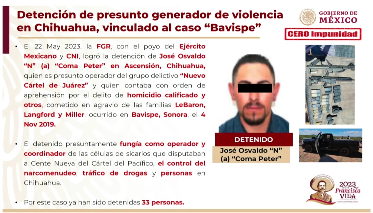 Con el arresto de ‘Coma Peter’, van 33 detenciones ligadas el caso LeBaron, informa la SSPC