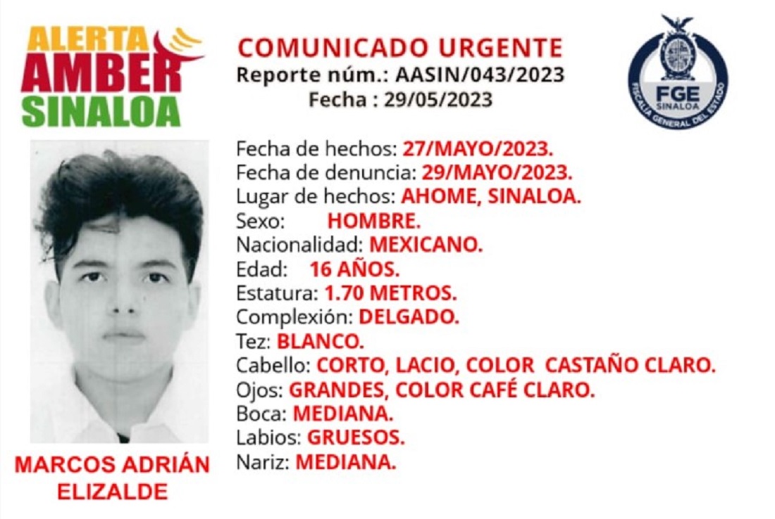 Marcos Adrián, de 16 años, es buscado por sus familiares en Los Mochis