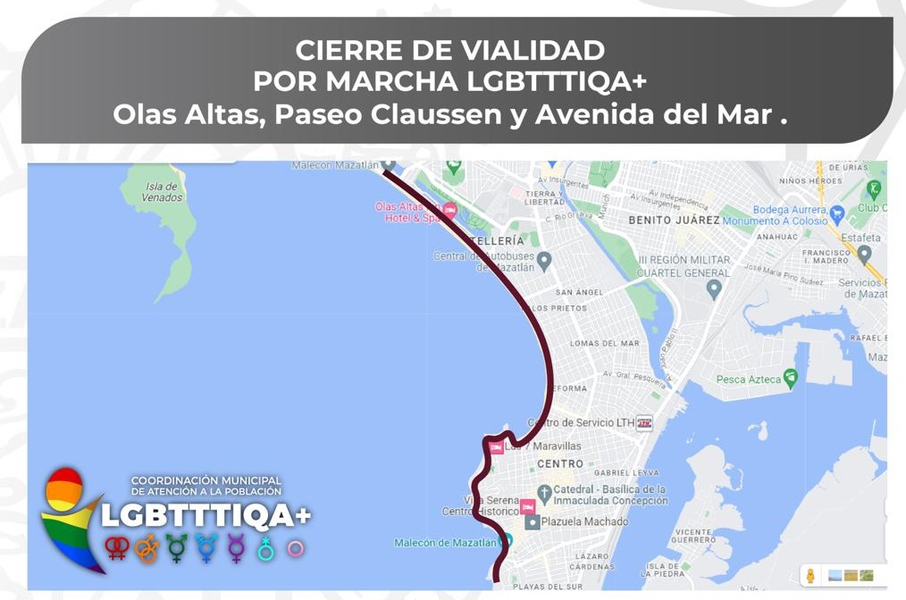 Cerrarán avenida del Mar, Paseo Claussen y Olas Altas por desfile de la Diversidad Sexual, en Mazatlán