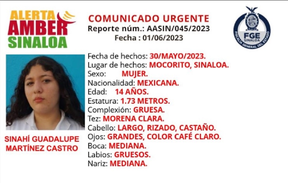 Lanzan Alerta Ámber para localizar a la mocoritense Sinahí Guadalupe