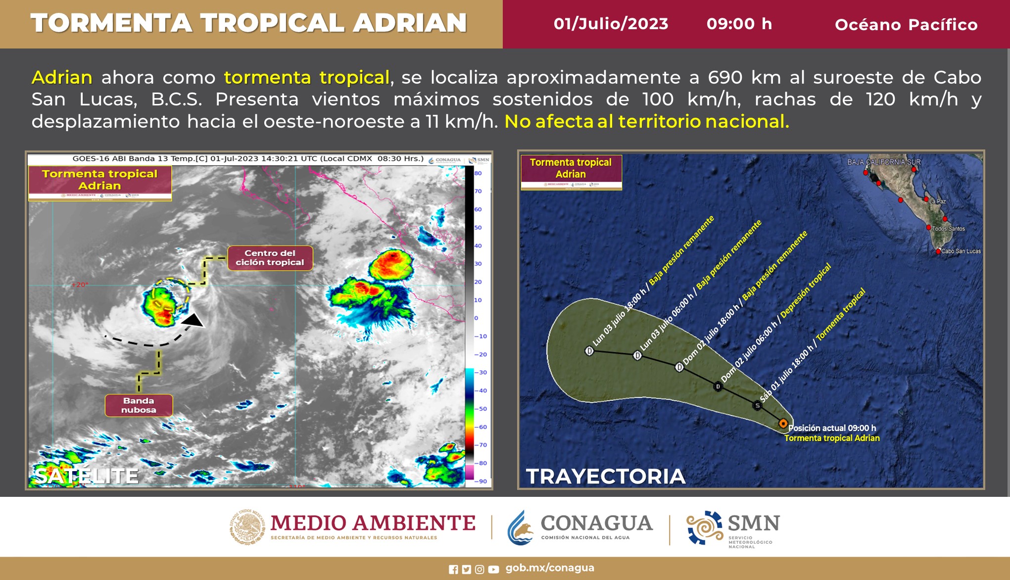 Huracán ‘Adrián’, en el Pacífico, se debilita a tormenta tropical, reporta Conagua