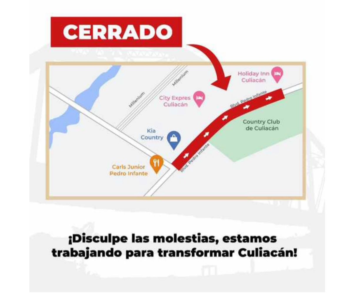 ¡Atención Culiacán! Este miércoles será cerrado un carril del bulevar Pedro Infante en el tramo de Miguel Tamayo