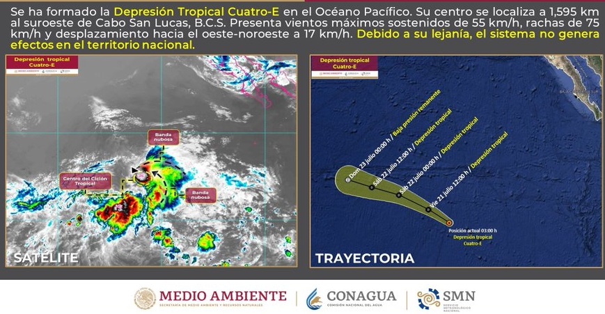 Clima: Se forma la depresión tropical Cuatro-E, al suroeste de Cabo San Lucas, sobre el Pacífico