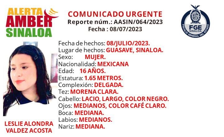 Activan Alerta Amber por la desaparición de Leslie Alondra en Guasave
