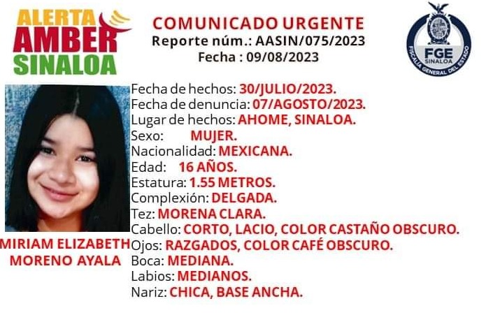 Activan Alerta Amber para localizar a la joven Miriam Elizabeth desaparecida en Los Mochis