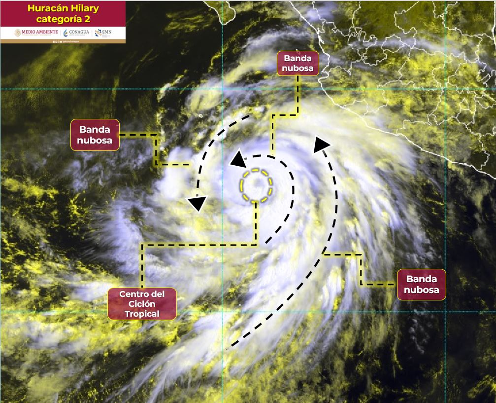 ‘Hilary’ ya es huracán categoría 2 y mantiene rachas de viento de hasta 205 kilómetros por hora