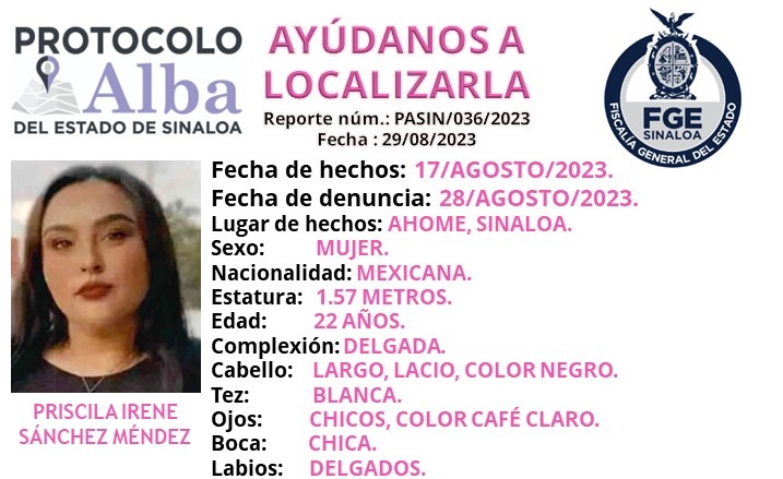 Lanzan ficha de búsqueda para localizar a la joven Priscila Irene desaparecida, en Ahome