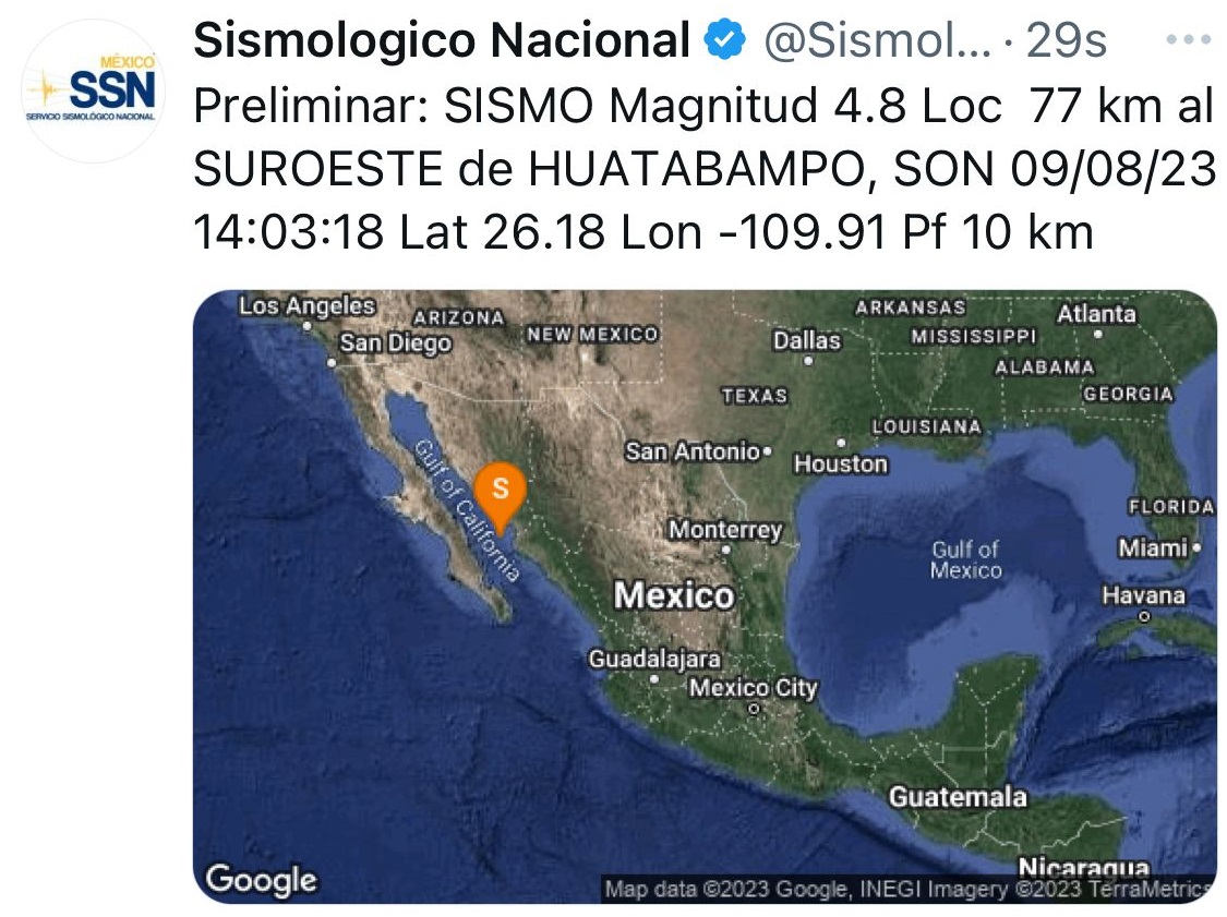 Temblor de 4.8 registrado a 51 kilómetros del estado de Sinaloa, se confirma sin afectaciones: PC