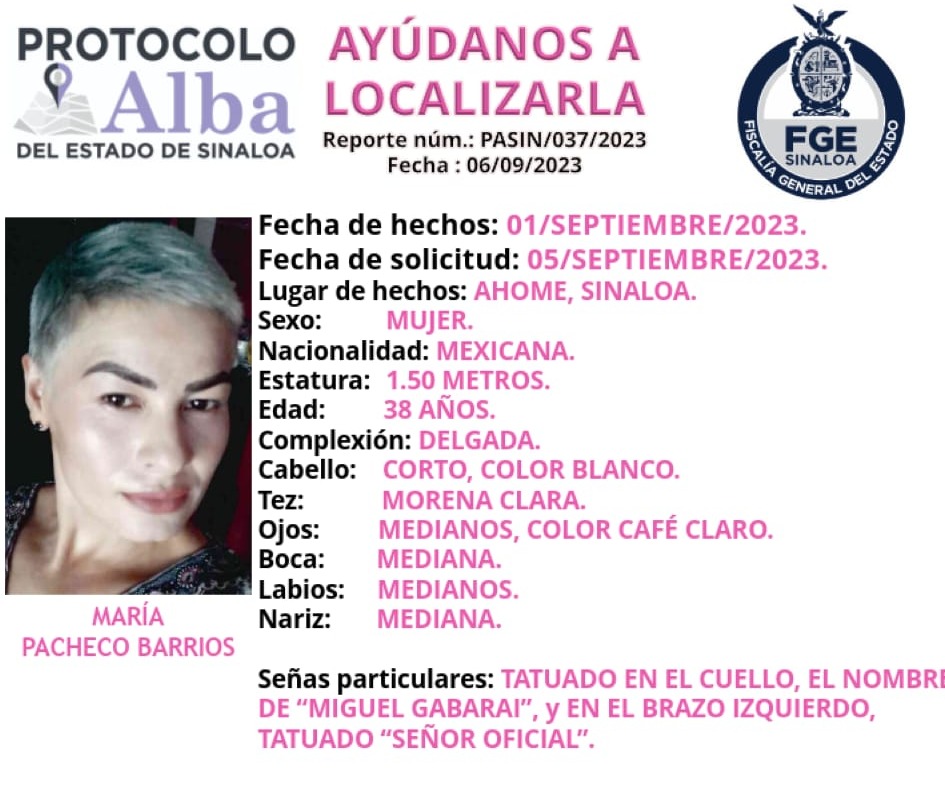Activan Protocolo Alba para localizar a María Pacheco desaparecida en Ahome
