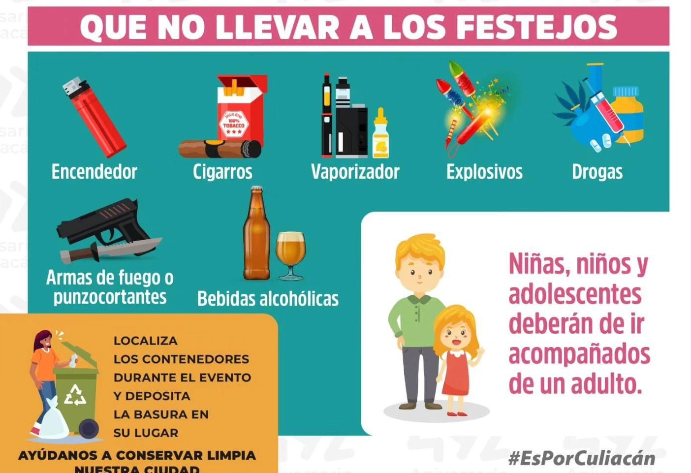 Se prohibirá bebidas alcohólicas, armas y artefactos punzocortantes para el aniversario de Culiacán