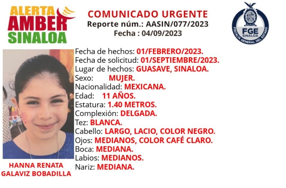 Hanna Renata desapareció desde hace seis meses en Guasave; Fiscalía activa la Alerta Amber