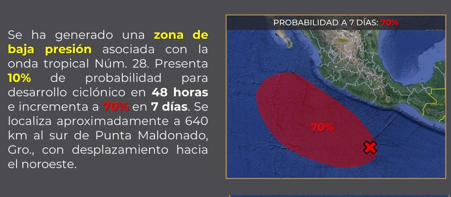 Clima: Reportan formación de zona de baja presión con potencial ciclónico, cerca de Punta Maldonado, Guerrero